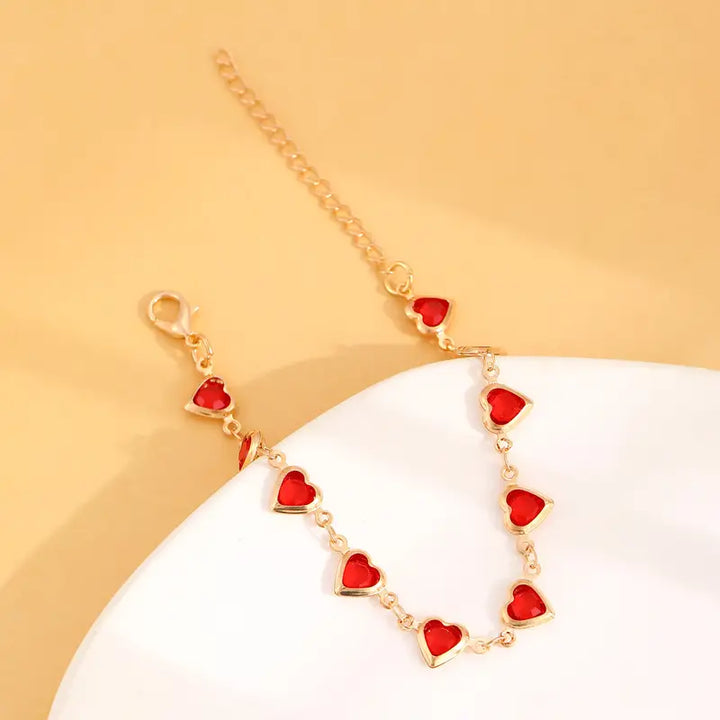 Gold Link Bracelet Aislinn with Ruby Hearts