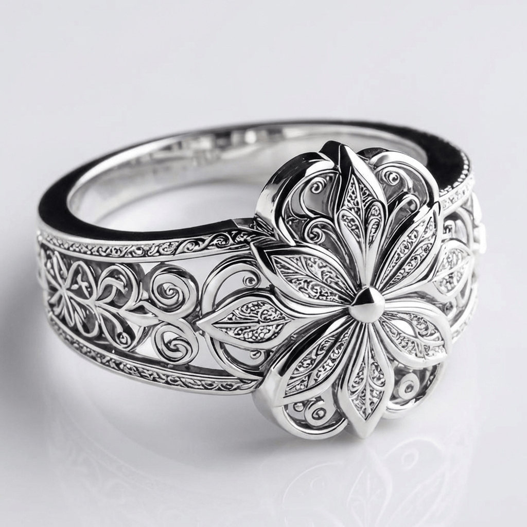 Silver Ring Muirne with Floral Motif