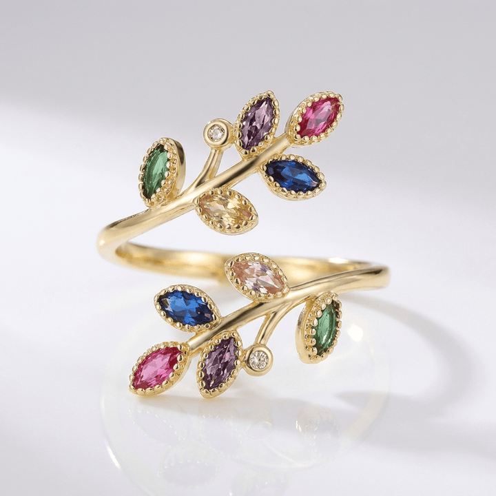 Gold Ring Laoise with Multicoloured Leaf Stones