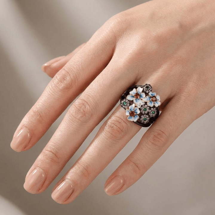 Black-Tone Enamel Ring Deirdre with Floral Motif