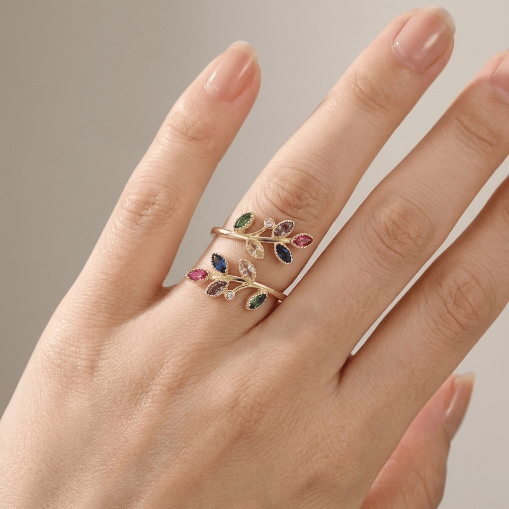Gold Ring Laoise with Multicoloured Leaf Stones