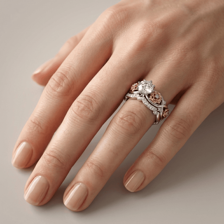 Silver & Rose Gold Ring with Crystal & Floral Motif
