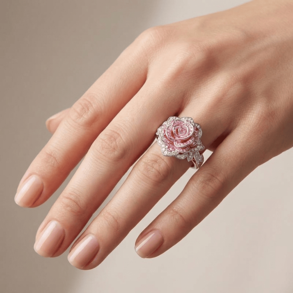Silver Ring Clíodhna with Pink Rose
