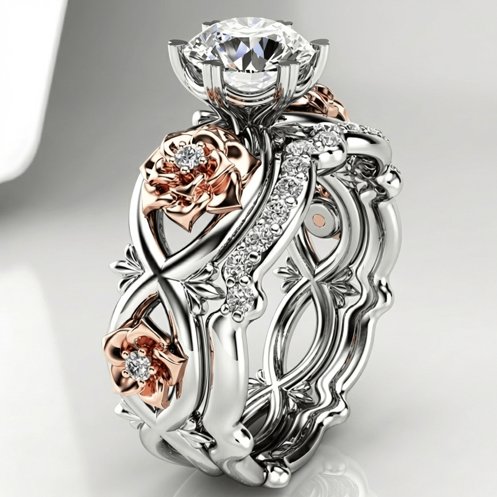 Silver & Rose Gold Ring with Crystal & Floral Motif