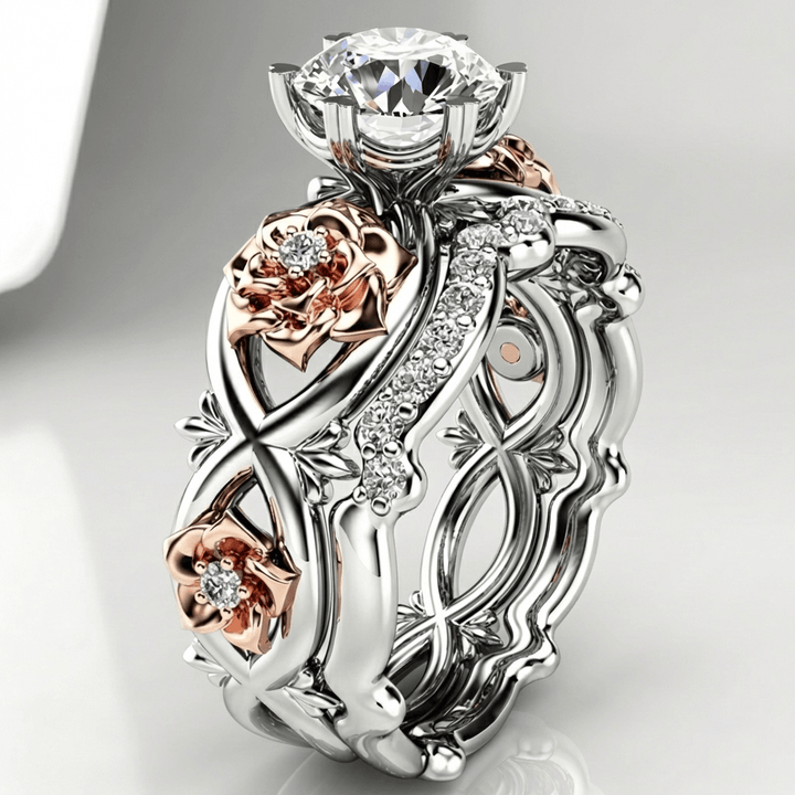 Silver & Rose Gold Ring with Crystal & Floral Motif