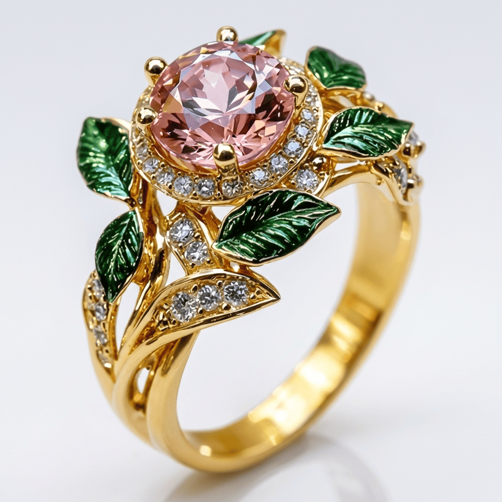 Gold Ring Róisín with Pink Gemstone and Green Leaves