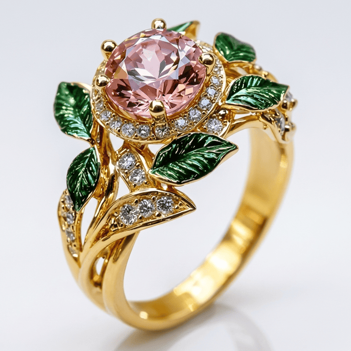 Gold Ring Róisín with Pink Gemstone and Green Leaves