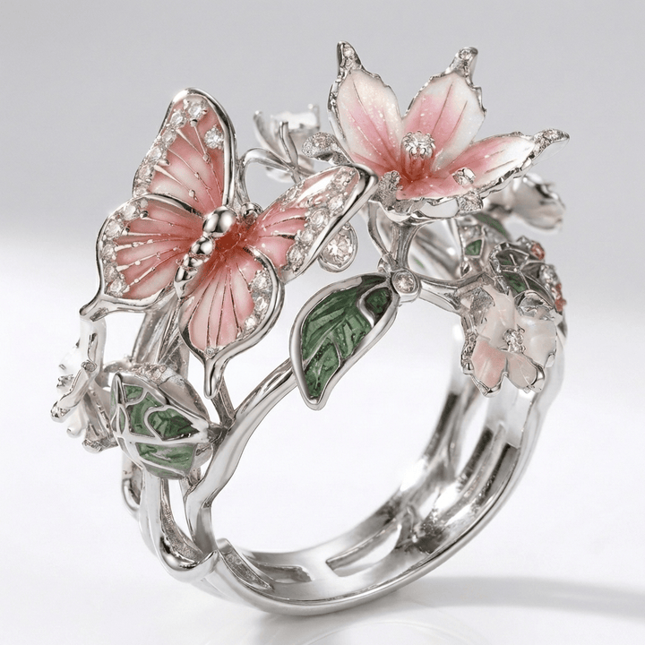 Silver Adjustable Ring with Butterfly & Floral Motif