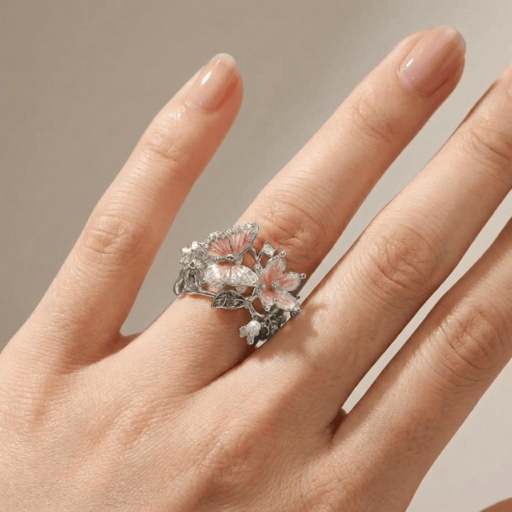 Silver Adjustable Ring with Butterfly & Floral Motif