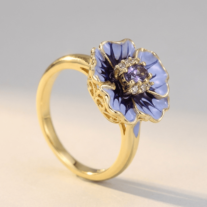 Gold Ring Aisling with Amethyst & Blue Floral Motif