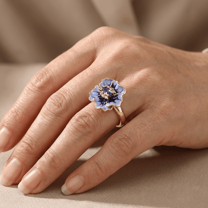 Gold Ring Aisling with Amethyst & Blue Floral Motif
