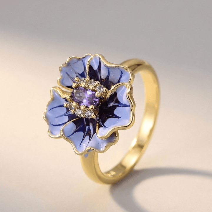 Gold Ring Aisling with Amethyst & Blue Floral Motif