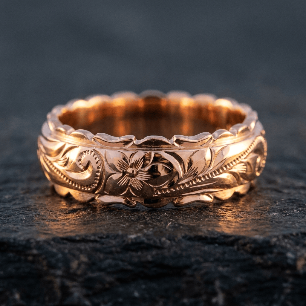 Rose Gold Band Ring Fiadh with Floral Engraving