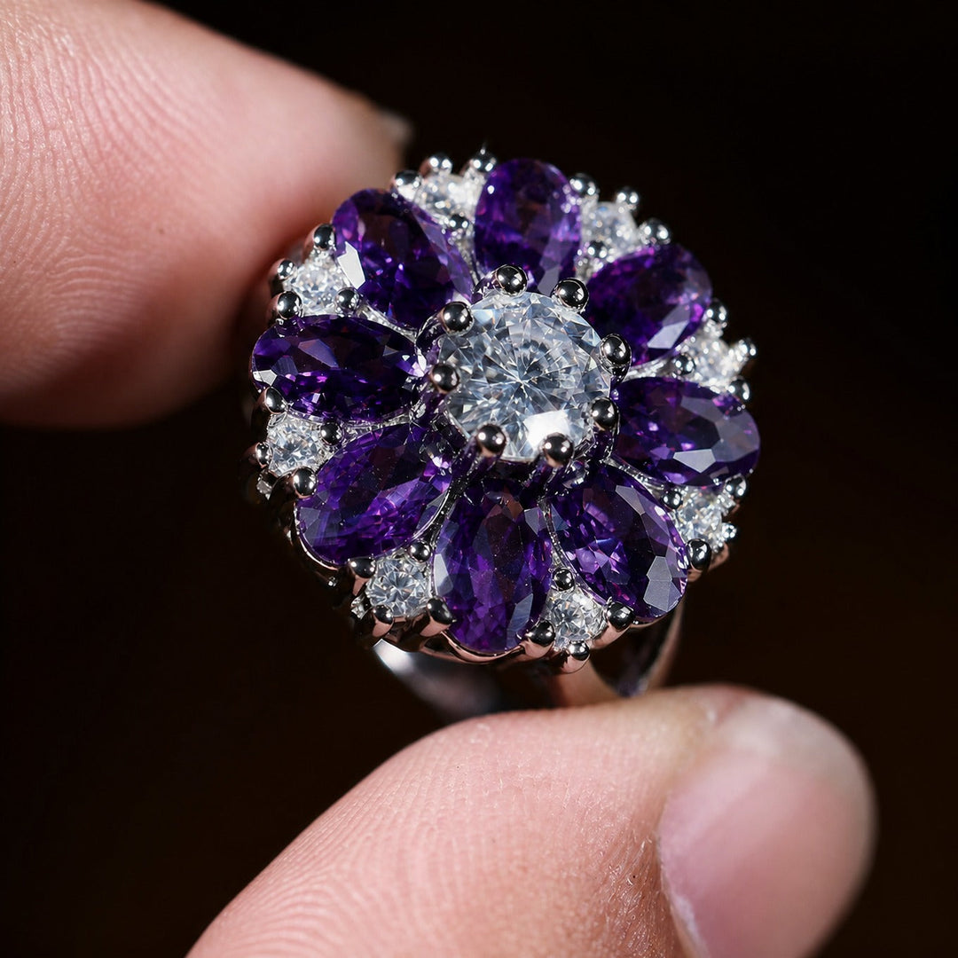 Silver Ring Gráinne with Amethyst Flower