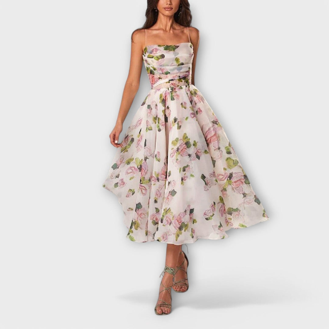 Elegantes Chiffon-Midikleid mit lila Blütenmuster