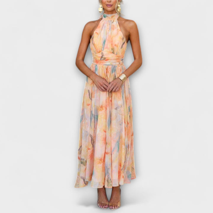 Buntes Halter-Maxikleid mit Aquarell-Print und Rückenausschnitt