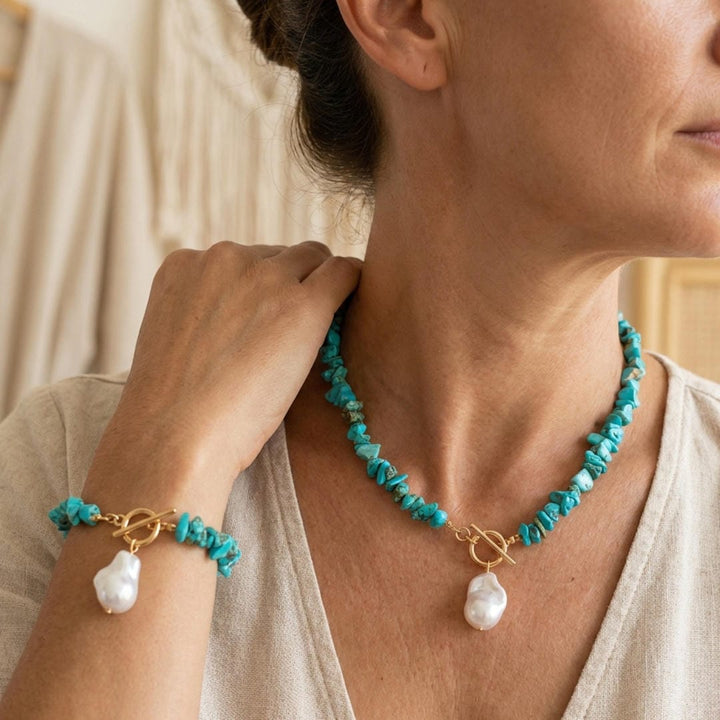 Gold Beaded Necklace Set with Turquoise and Pearl