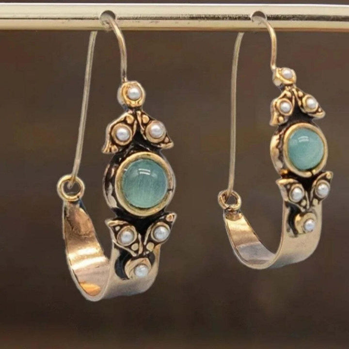 Gold Drop Earrings Gobnait with Green Stone