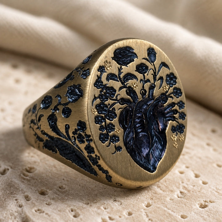 Gold Signet Ring with Anatomical Heart & Floral Motif