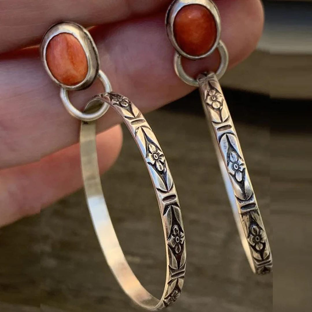 Silver Drop Earrings with Carnelian and Floral Motif