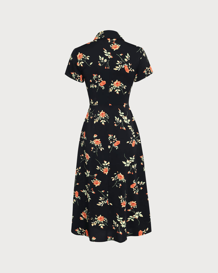 Glória - Schwarzes Midikleid mit Blütenmuster