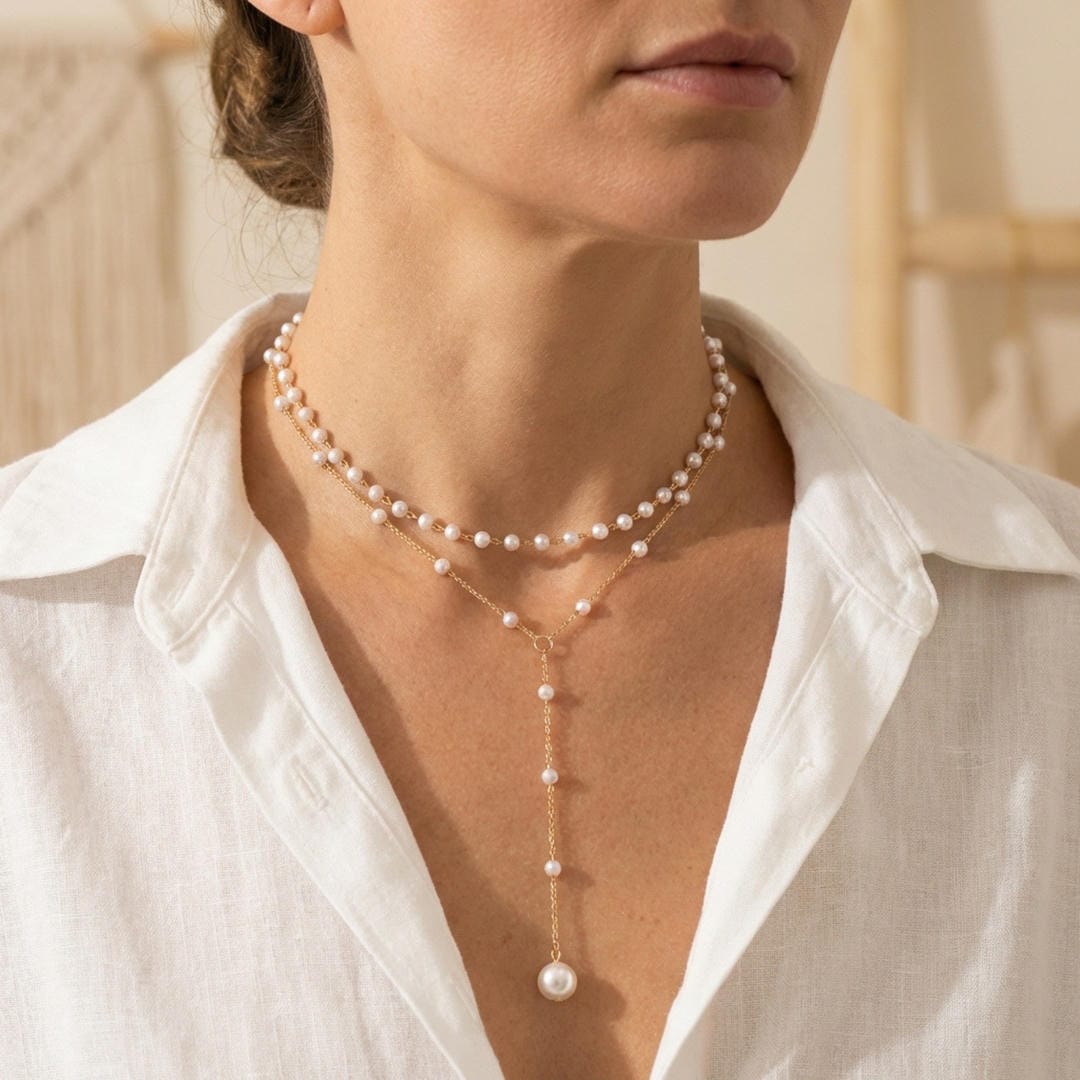Gold Beaded Necklace Kenmare with Pearl Y-Drop