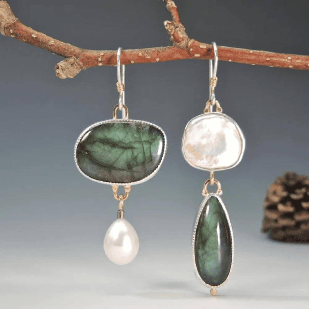 Silver Drop Earrings Ciara with Green Stone and Pearl