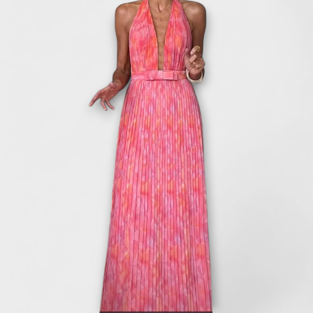 Seraphina - Pinkes plissiertes Halter-Maxikleid
