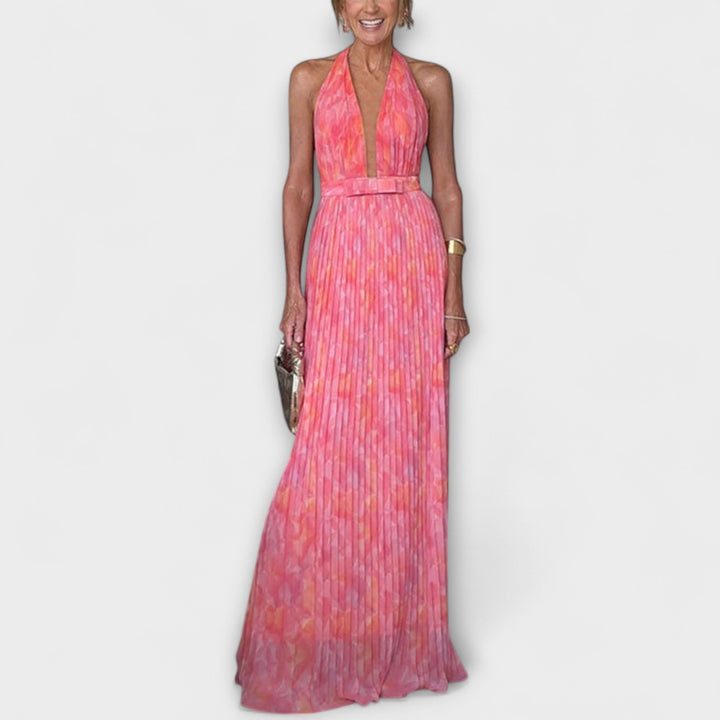 Seraphina - Pinkes plissiertes Halter-Maxikleid