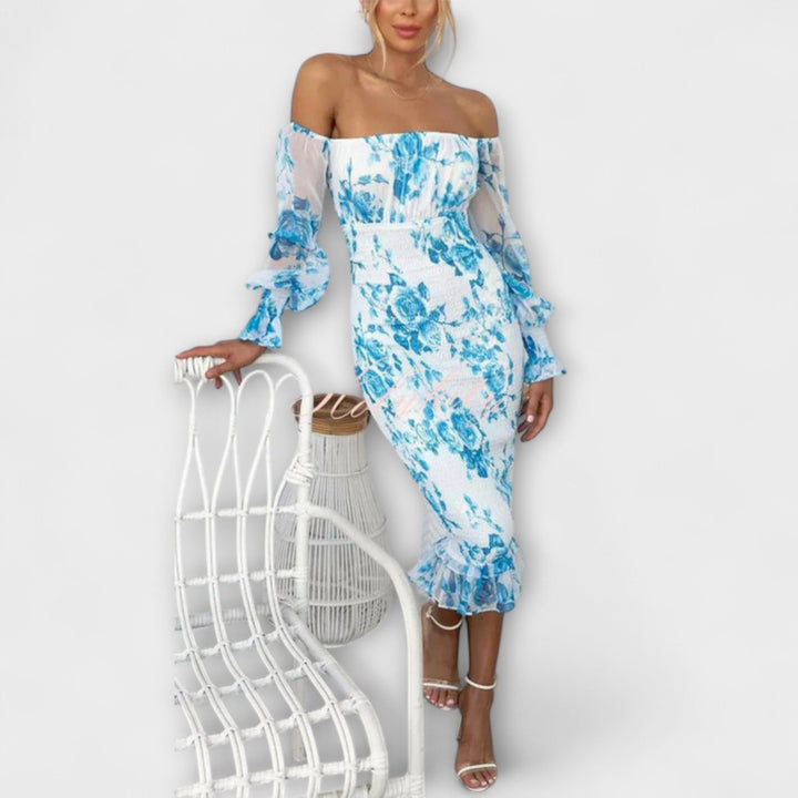Dahlia - Rosa Off-Shoulder-Midikleid mit Blütenmuster