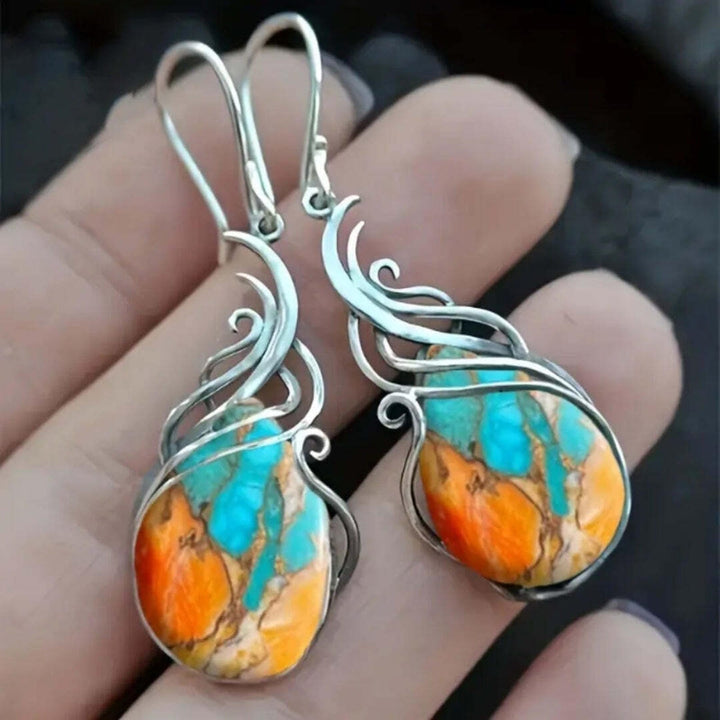 Silver Drop Earrings with Turquoise and Orange Stone