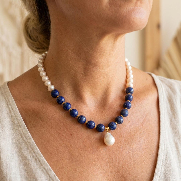 Gold Beaded Necklace with Pearls and Lapis Lazuli