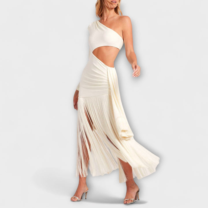 Alice - Cremefarbenes Maxikleid mit Cut-Out und Fransen