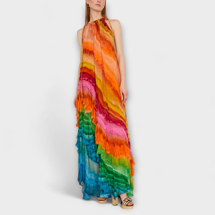 Iris - Regenbogenfarbenes Rüschen-Maxikleid
