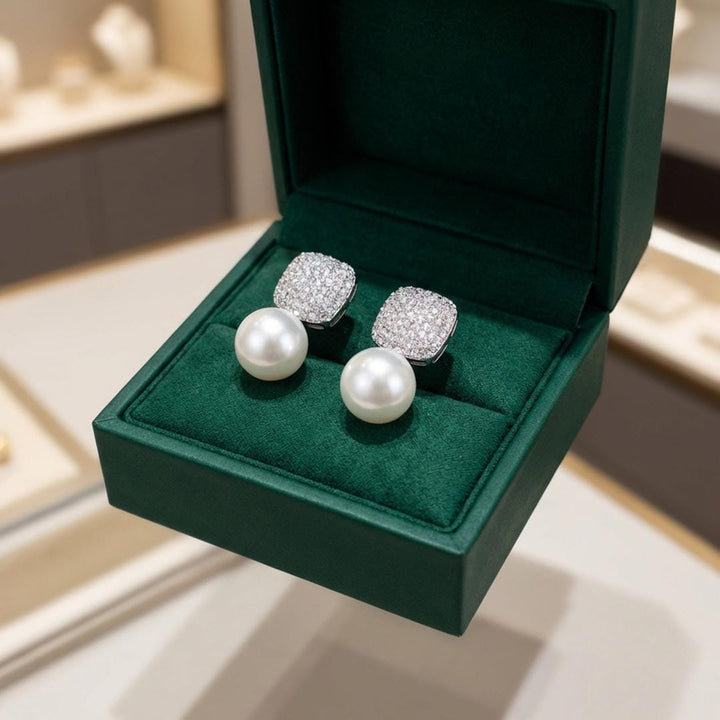 Silver Stud Earrings Bláthnaid with Pearl and Crystal