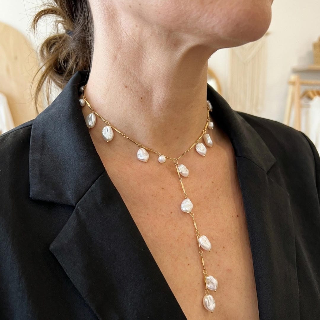 Gold Charm Necklace with Cascading Pearl Drops