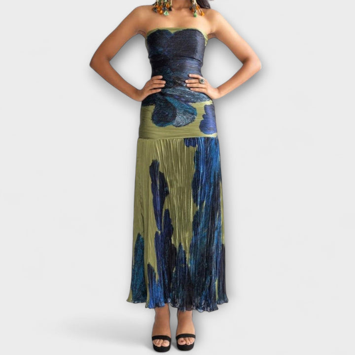 Noelle - Blau-grünes Strapless-Midikleid
