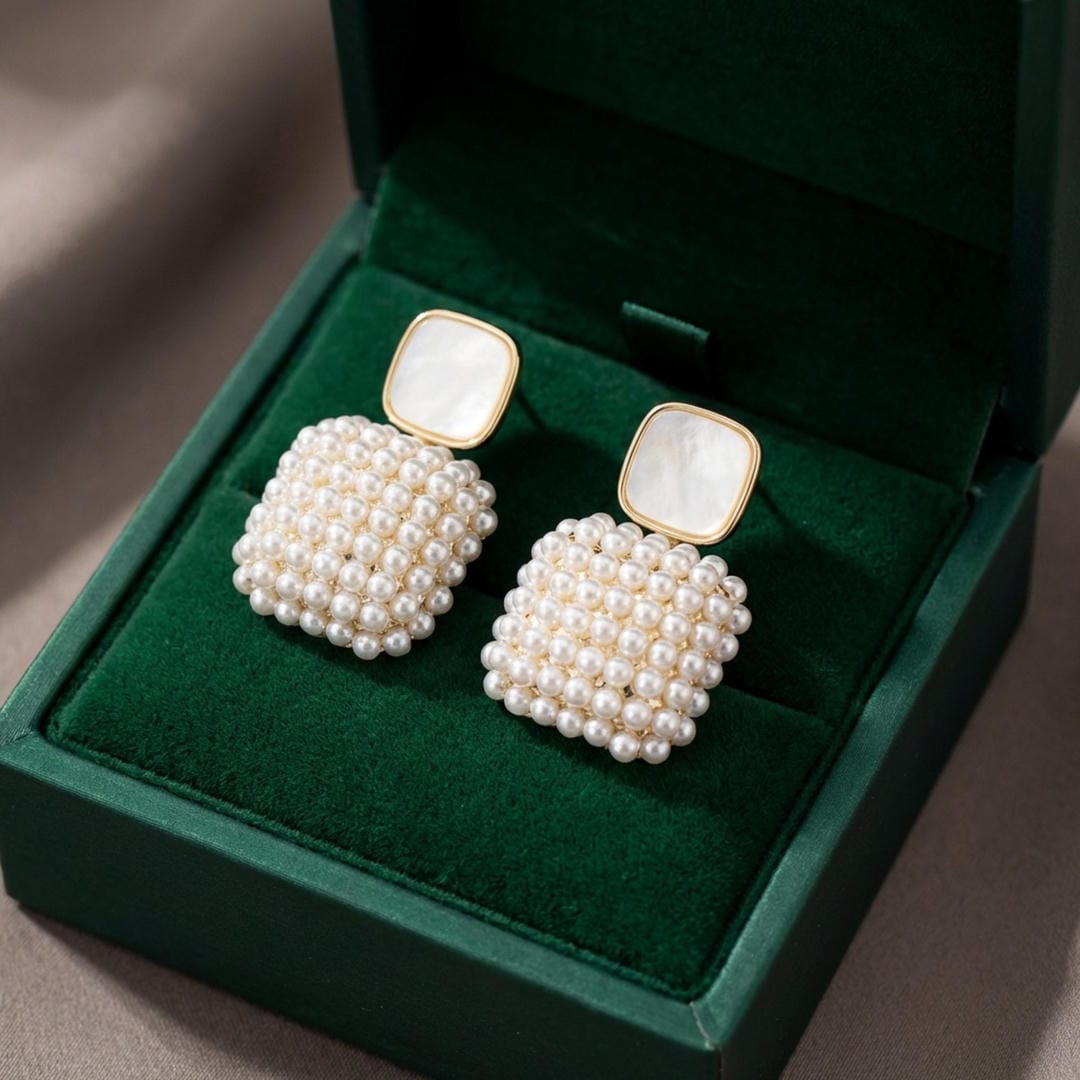 Gold Drop Earrings Muirne with Pearl Cluster