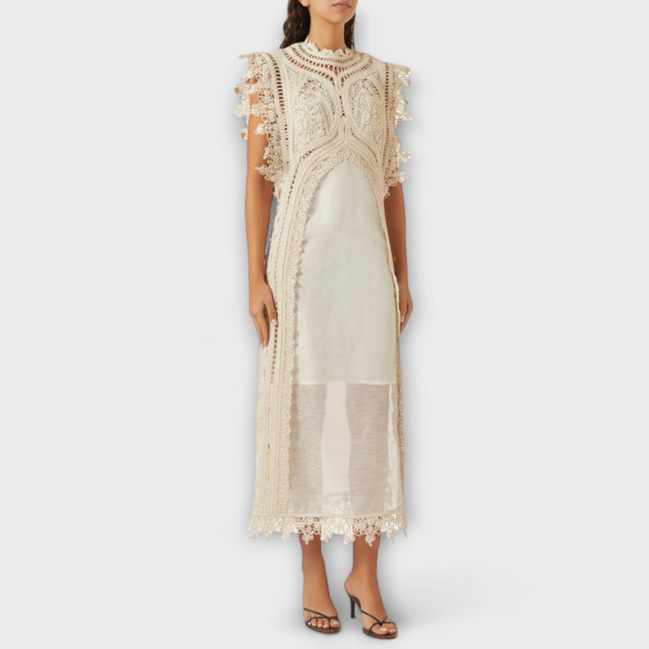 Mira - Cremefarbenes Organza-Maxikleid mit Spitze