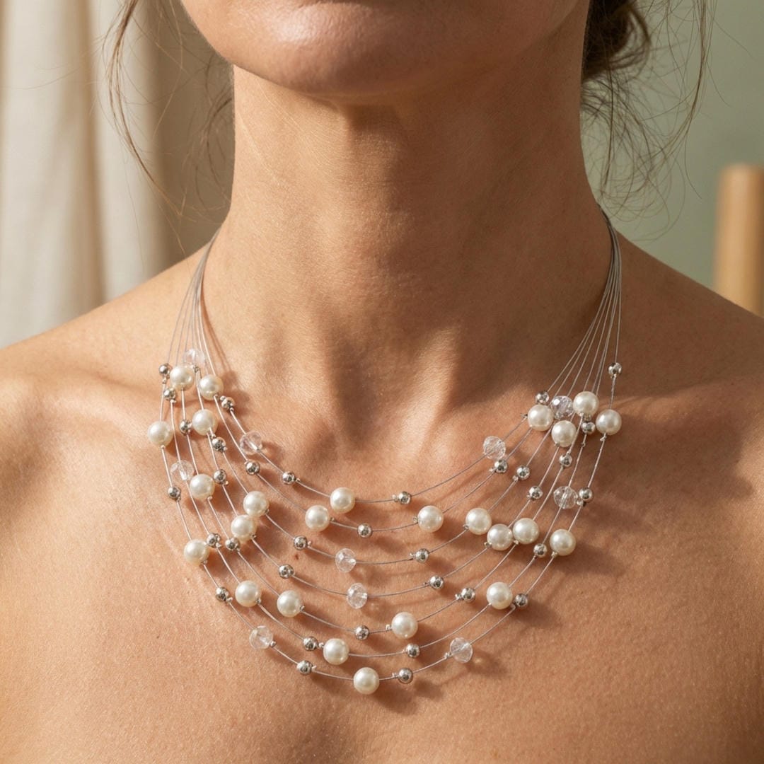 Pearl Beaded Necklace Clifden with Floating Pearls