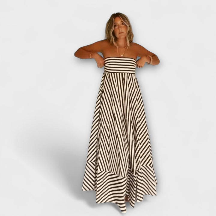 Beige-schwarzes gestreiftes Rüschen-Maxikleid