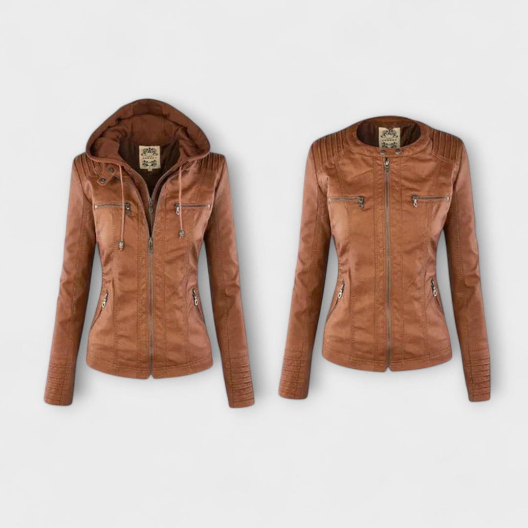 Amélie - Braune Lederjacke mit Stehkragen