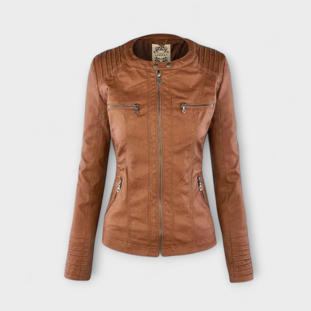 Amélie - Braune Lederjacke mit Stehkragen