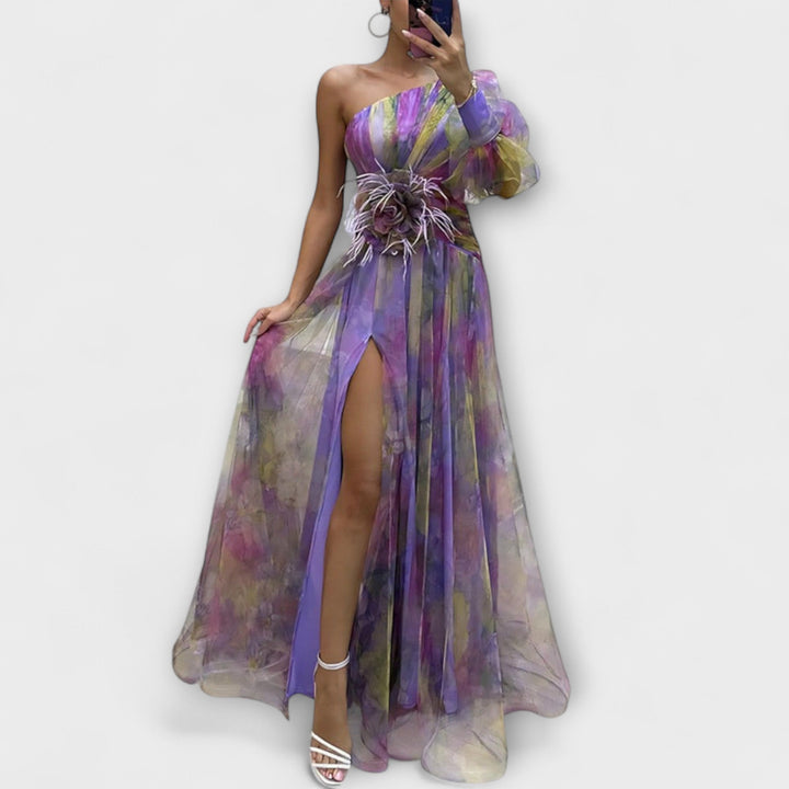 Minna - Lila asymmetrisches Maxikleid mit Print