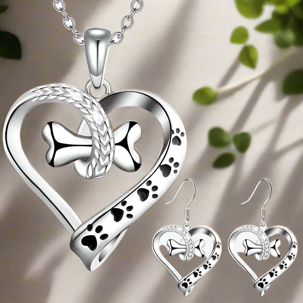 Silver Heart Necklace Set Aoife with Paw and Bone