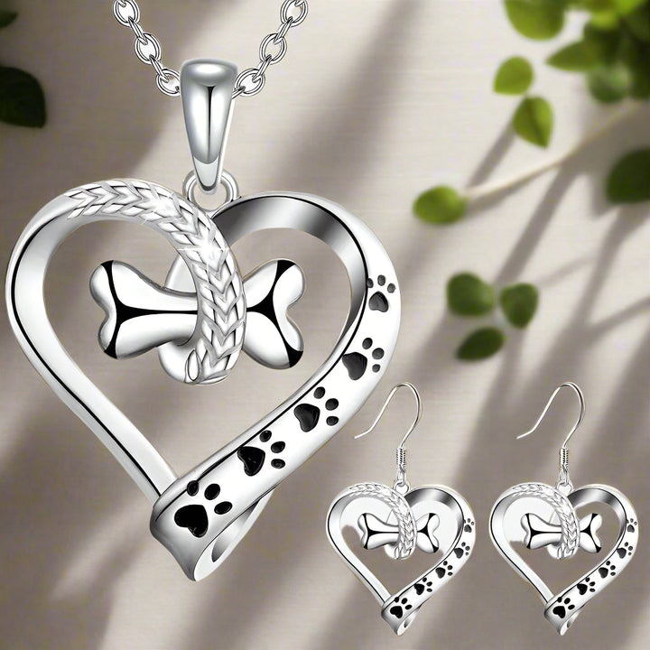 Silver Heart Necklace Set Aoife with Paw and Bone