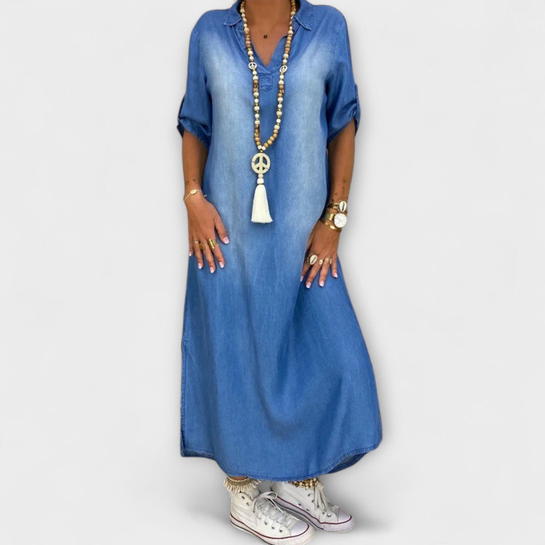 Lea - Blaues Denim-Look-Kleid mit Seitenschlitz