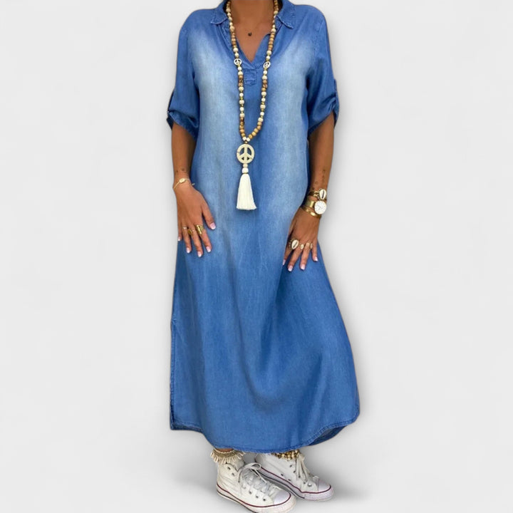 Lea - Blaues Denim-Look-Kleid mit Seitenschlitz
