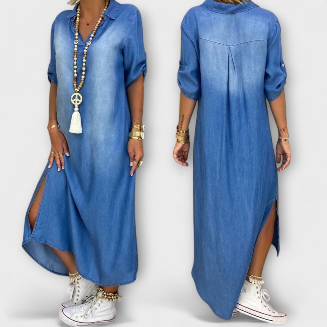 Lea - Blaues Denim-Look-Kleid mit Seitenschlitz