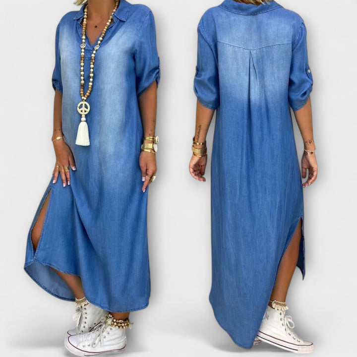 Lea - Blaues Denim-Look-Kleid mit Seitenschlitz